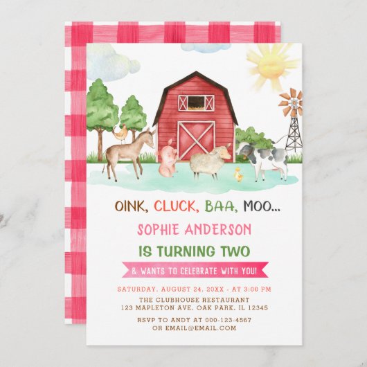Landtiere Barnyard 2. Geburtstag Einladung (Vorne/Hinten)