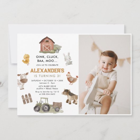 Landtiere Barnyard 3. Geburtstag Foto Einladung (Vorderseite)