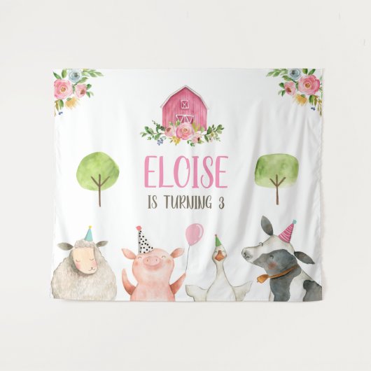 Landtiere Barnyard Banner Pink Girl Geburtstag Wandteppich (Vorderseite (Horizontal))