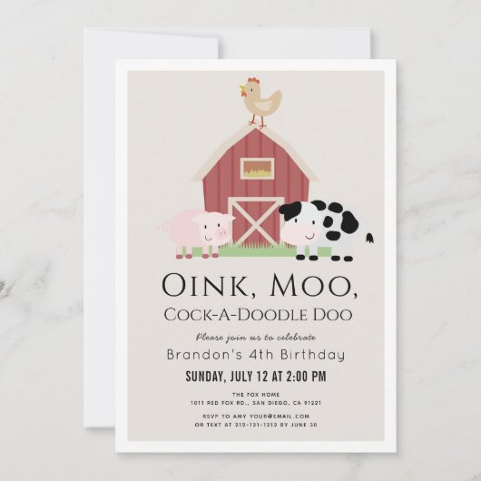 Landtiere Barnyard Beige Geburtstag Einladung (Vorderseite)