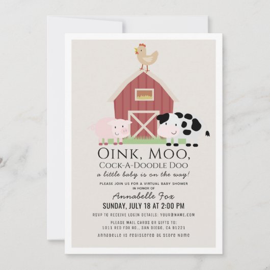 Landtiere Barnyard Beige Virtual Baby Dusche Einladung (Vorderseite)