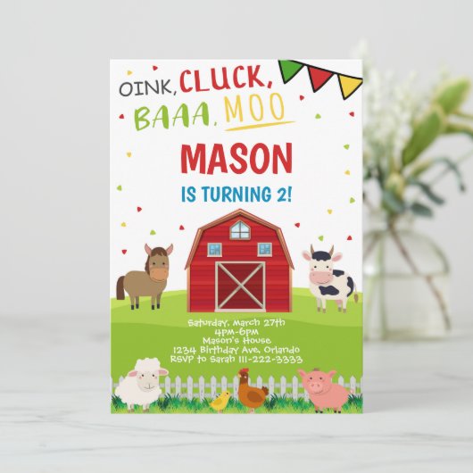 Landtiere Barnyard Birthday Einladung (Stehend Vorderseite)