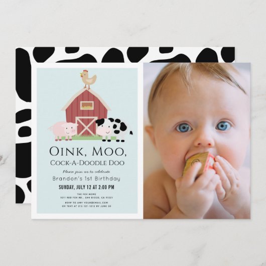 Landtiere Barnyard Blue Boy Foto 1. Geburtstag Einladung (Vorne/Hinten)