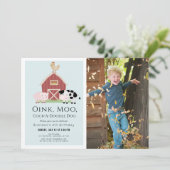 Landtiere Barnyard Blue Boy Foto Geburtstag Einladung (Stehend Vorderseite)