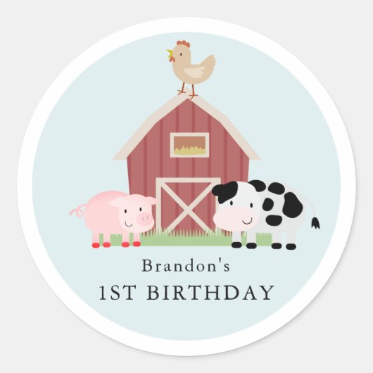 Landtiere Barnyard Blue Boy Geburtstag Runder Aufkleber (Vorderseite)