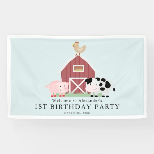 Landtiere Barnyard Blue Boy Geburtstag Willkommen Banner (Horizontal)
