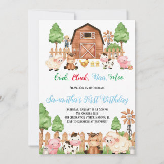 Landtiere Barnyard Blue Boy Geburtstagspartei Einladung