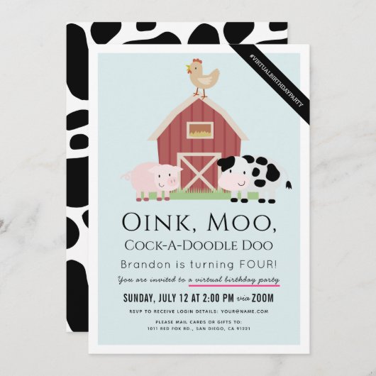 Landtiere Barnyard Blue Boy Virtual Birthday Einladung (Vorne/Hinten)