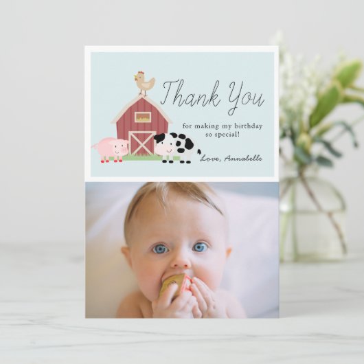 Landtiere Barnyard Blue Geburtstag Danke Karte (Stehend Vorderseite)