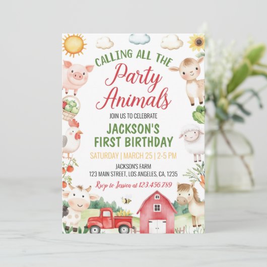 Landtiere Barnyard Geburtstagspartei Einladung (Stehend Vorderseite)
