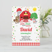 Landtiere Barnyard Kariert Boy Geburtstag Einladung (Stehend Vorderseite)