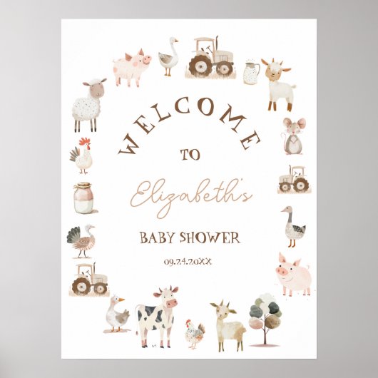 Landtiere Barnyard Neutral Baby Dusche Willkommen Poster (Vorne)
