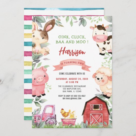 Landtiere Barnyard Oink Baa Moo Birthday Einladung (Vorne/Hinten)