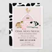 Landtiere Barnyard Pink Girl 1. Geburtstag Einladung (Vorne/Hinten)