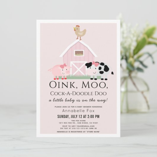 Landtiere Barnyard Pink Girl Baby Dusche Einladung (Stehend Vorderseite)