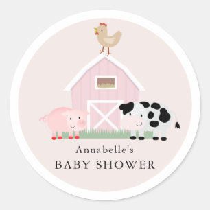 Landtiere Barnyard Pink Girl Baby Dusche Runder Aufkleber
