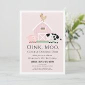 Landtiere Barnyard Pink Girl Geburtstag Einladung (Stehend Vorderseite)