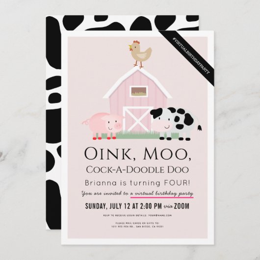 Landtiere Barnyard Pink Girl Virtual Geburtstag Einladung (Vorne/Hinten)