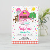 Landtiere Barnyard Pink Kariertes Mädchen Geburtst Einladung (Stehend Vorderseite)
