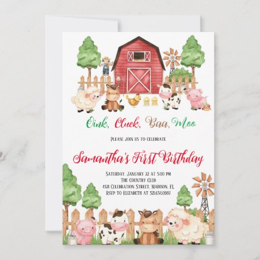 Landtiere Barnyard Red Boy Birthday Party Einladung (Vorderseite)