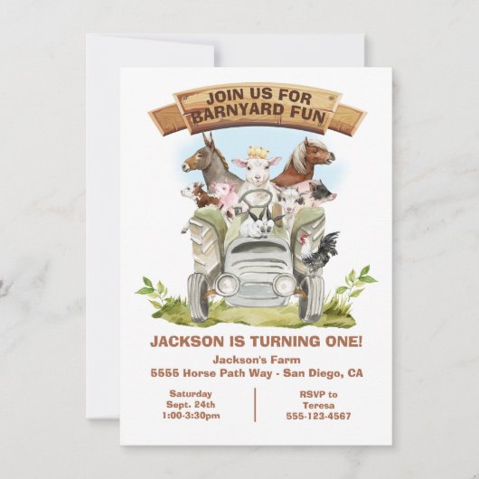 Landtiere Barnyard Tractor Geburtstag Einladung (Vorderseite)