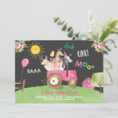 Landtiere Barnyard Traktor Pink Bauernhof Party Einladung (Stehend Vorderseite)