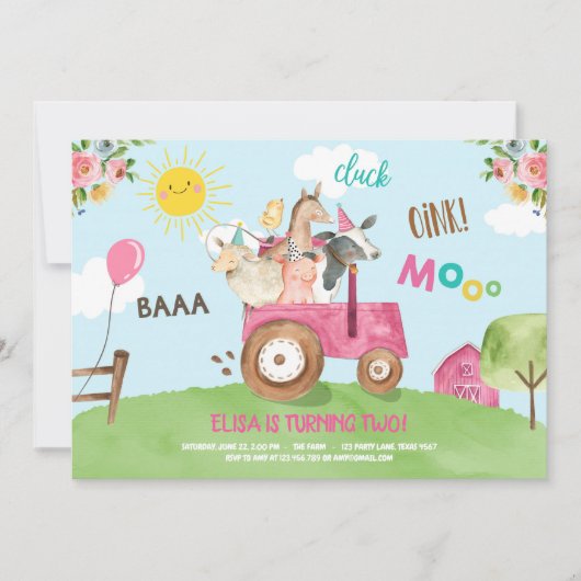 Landtiere Barnyard Traktor Pink Bauernhof Party Einladung (Vorderseite)