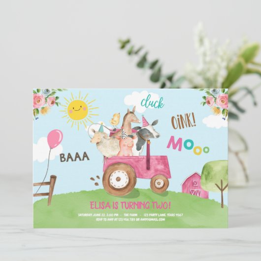 Landtiere Barnyard Traktor Pink Bauernhof Party Einladung (Stehend Vorderseite)