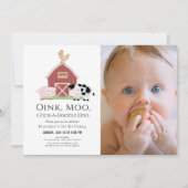 Landtiere Barnyard Weißes Foto 1. Geburtstag Einladung (Vorderseite)