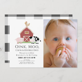 Landtiere Barnyard White Foto 1. Geburtstag Inv. Einladung