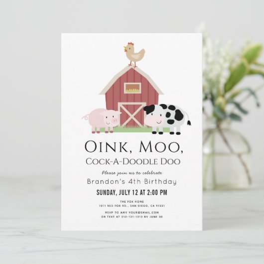 Landtiere Barnyard White Geburtstag Einladung (Stehend Vorderseite)