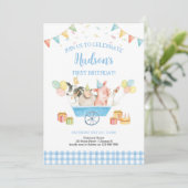 Landtiere Blue Gingham Boy Girl First Birthday Einladung (Stehend Vorderseite)