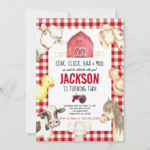 Landtiere Boy Red Gingham Barnyard Birthday Einladung