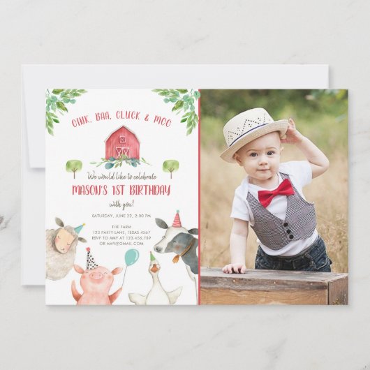 Landtiere Boy Red Gingham Barnyard Birthday Einladung (Vorderseite)