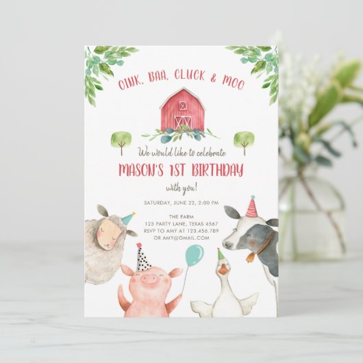 Landtiere Boy Red Gingham Barnyard Birthday Einladung (Stehend Vorderseite)