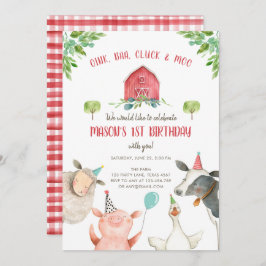 Landtiere Boy Red Gingham Barnyard Birthday Einladung