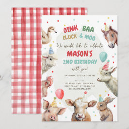 Landtiere Boy Red Gingham Barnyard Birthday Inv Einladung