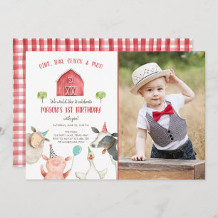 Landtiere Boy Red Gingham Barnyard Geburtstag Einladung