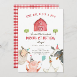 Landtiere Boy Red Gingham Barnyard Geburtstag Einladung