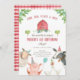 Landtiere Boy Red Gingham Barnyard Geburtstag Einladung