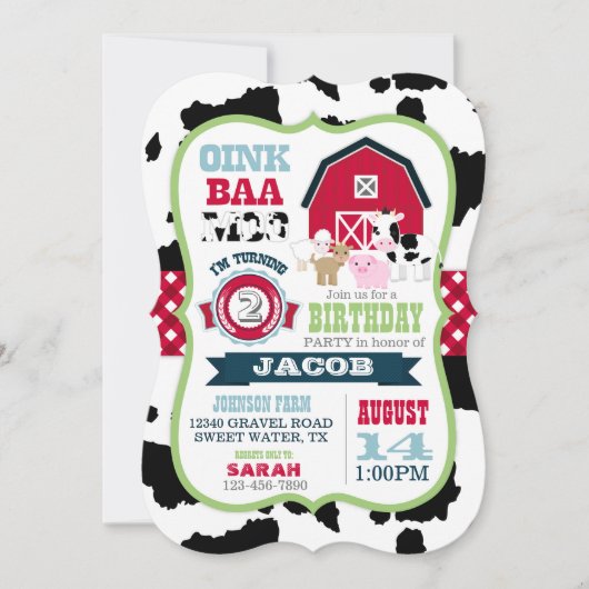 Landtiere Cowhide Gingham Country Boy Birthday Einladung (Vorderseite)