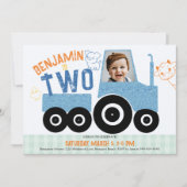 Landtiere Denim Tractor Niedlich Foto 2. Geburtsta Einladung (Vorderseite)