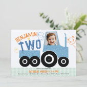 Landtiere Denim Tractor Niedlich Foto 2. Geburtsta Einladung (Stehend Vorderseite)