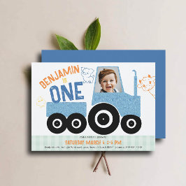 Landtiere Denim Tractor Niedliches Foto 1. Geburts Einladung