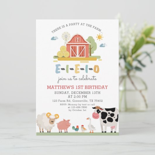 Landtiere Geburtstag Barnyard Moderne Einladung (Stehend Vorderseite)