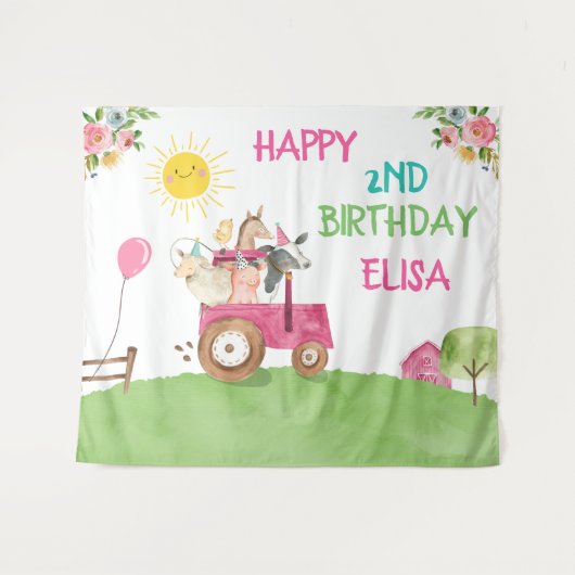 Landtiere Geburtstag Barnyard Pink Girl Banner Wandteppich (Vorderseite (Horizontal))