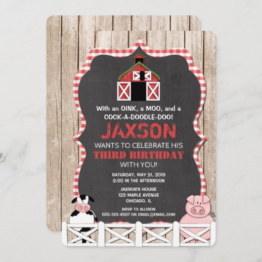 Landtiere Geburtstagsjunge Rot Einladung (Vorne/Hinten)