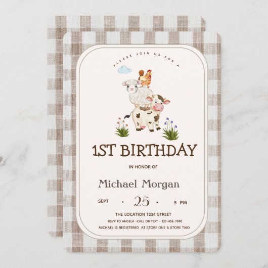 Landtiere Gingham Einladung (Vorne/Hinten)