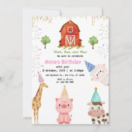 Landtiere Girl Gingham Barnyard Geburtstag Einladung
