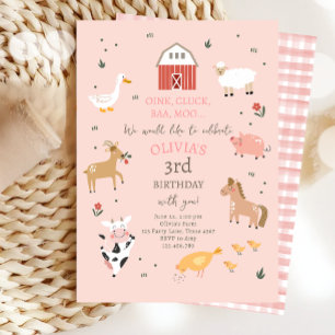 Landtiere Girl Gingham Barnyard Geburtstag Einladung